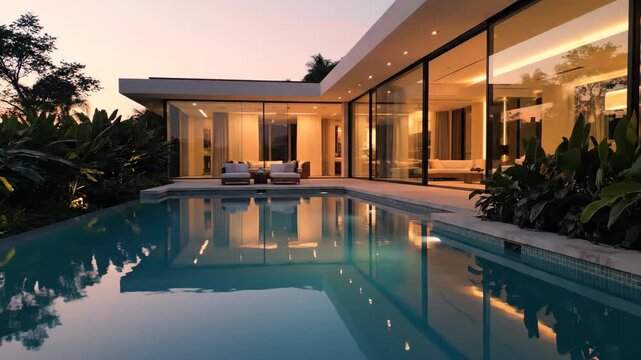 Luxurious modern villa with infinity pool at sunset.