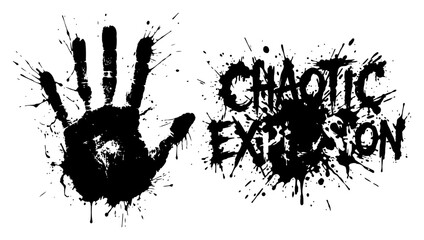 Handprint silhouette and chaotic explosion typography in messy ink splatter style © Wuszu