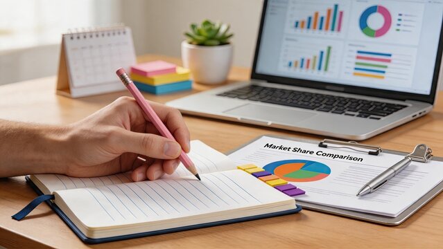 Close up of hand writing notes in notebook next to market share comparison report with pie chart and bar graphs on laptop screen, illustrating financial analysis, accounting and