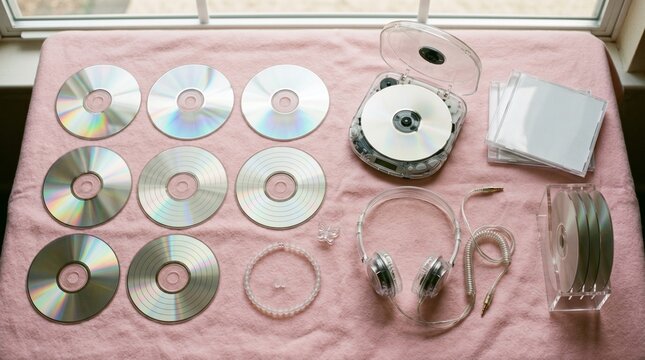 Collection of CDs and headphones on a pink background  