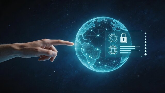 Global network security digital earth with connection nodes, cybersecurity protection and internet privacy concept for international communication and worldwide data transmission