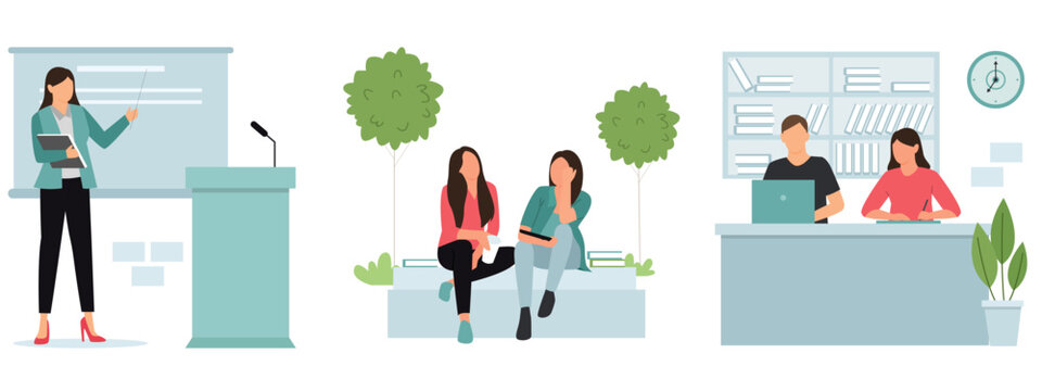 Modern university education vector set, students studying in library and campus park, female professor giving lecture in classroom