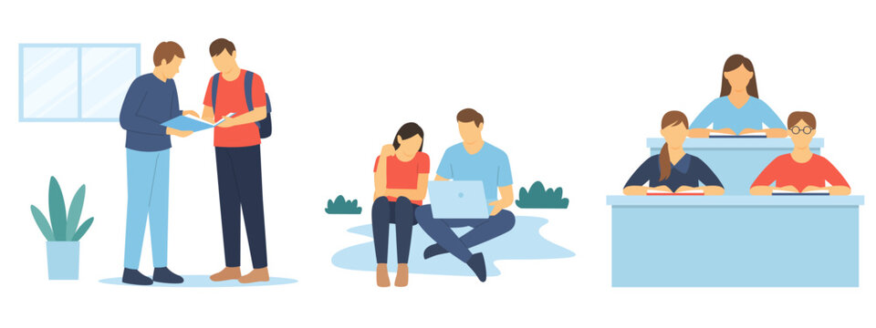 Modern flat vector students set, university education and college campus life scenes, diverse young people studying with laptop and books in classroom