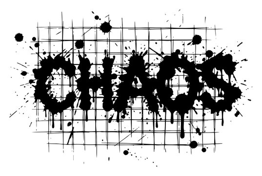 Chaos text with dripping ink and splatter effects on grid background in urban street art style