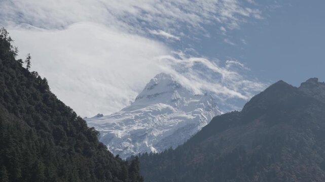 Ganesh Himal Mountain Range with Pabil and Salasungo Himalayan Peaks Seen on a clear sky day from Gumba LongDang in Tsum Valley Nepal