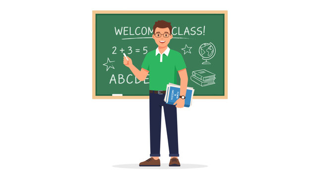 Male Instructor Presenting at Chalkboard for Education Concept, Vector Graphic