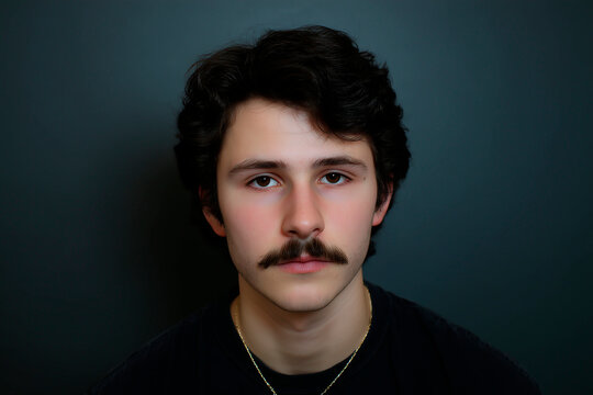 22 years old white man, dark hair, mustache, photo portrait