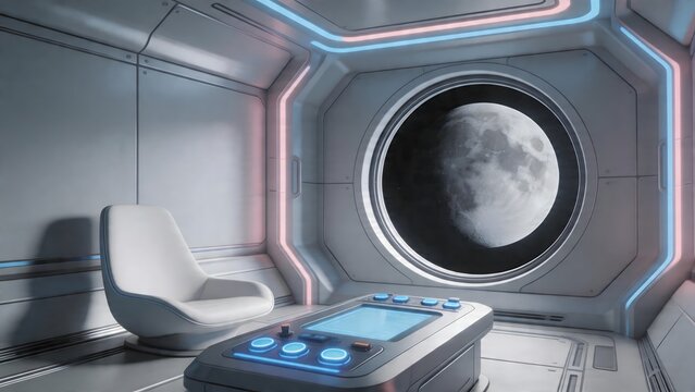 Futuristic space room with moon view