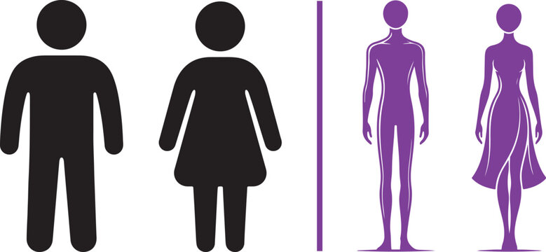 Male and female human silhouettes in standard restroom icon and stylized slender graphic forms for body type comparison vector