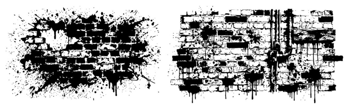 Brick wall sections with dripping ink and ruined distressed textures