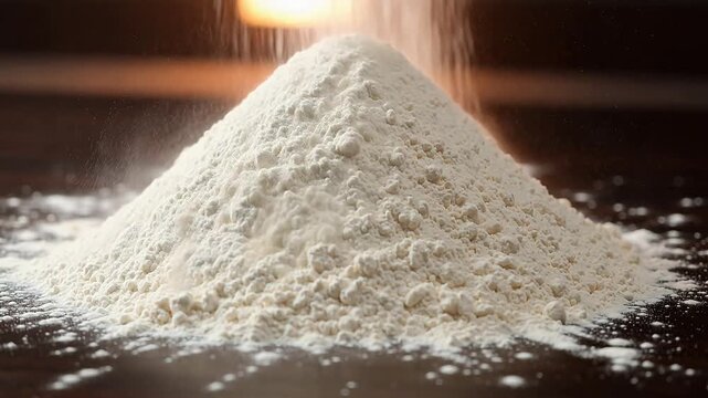 Close-up of white flour pile with fine particles falling in slow motion