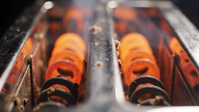 Closeup of glowing red heating elements inside a toaster.