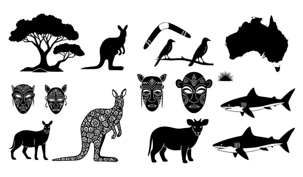 Australia wildlife animal silhouette vector set kangaroo shark koala collection illustration