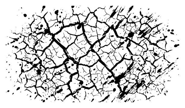 Cracked earth texture background with dry soil patterns and ink splatters