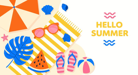 Obraz premium Summer vacation essentials flat lay with beach items and watermelon.