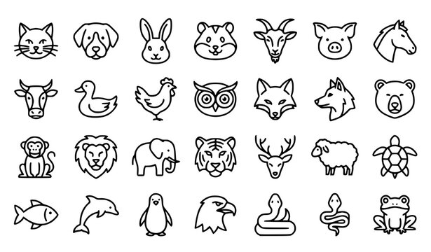 Animal face doodle icon vector set cute wildlife head collection illustration