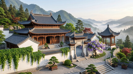 Fototapeta premium Traditional chinese palace complex with wisteria flowers and bonsai trees in a generated using ai