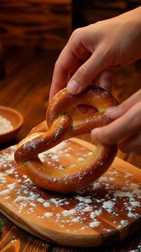 Hands shaping a freshly baked pretzel dusted with flour on a wooden board