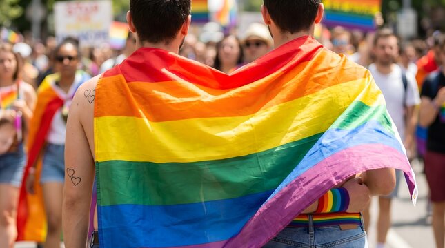 Diverse Group Celebrates LGBTQ+ Pride Month with Rainbow Flags, Showing Support and Unity in a Parade