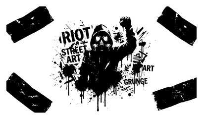 Riot protest person in gas mask with raised fist and street art splatters © Wuszu