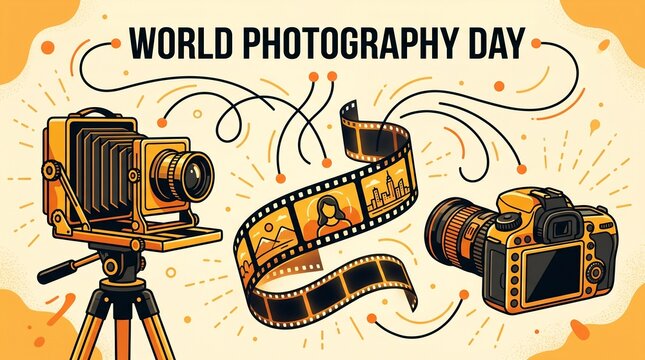 World photography day illustration with vintage bellows camera, film strip, and modern dslr camera