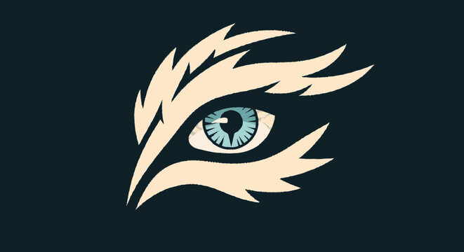 Stylized blue eye icon with cream feathers on dark background