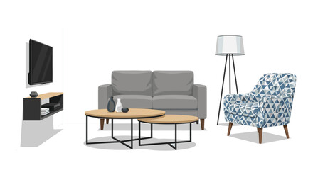 Fototapeta premium Chic living room interior featuring a grey sofa, a set of round coffee tables, a patterned geometric armchair, and a tall floor lamp.