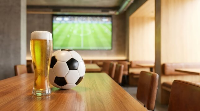 Glass of beer and a soccer ball on a wooden table in a sports bar. Football match on a television screen in the background. Concept of hobby, leisure, recreation and social gathering.