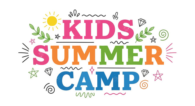 Colorful Kids Summer Camp typography design with hand drawn doodles.