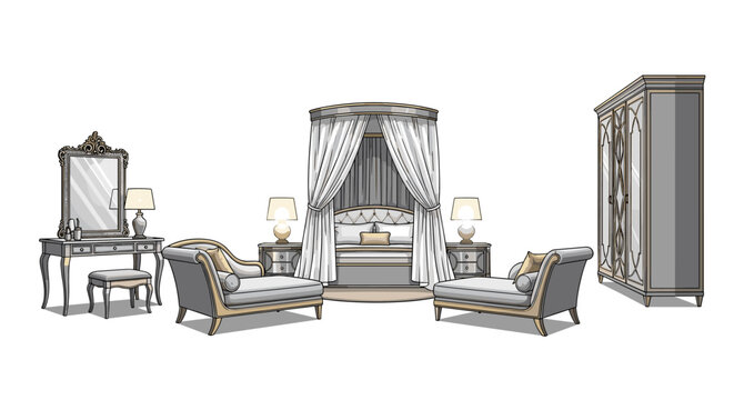 Elegant classic bedroom furniture suite includes a canopy bed with curtains, a vanity table, two chaise lounges, and an ornate wardrobe.
