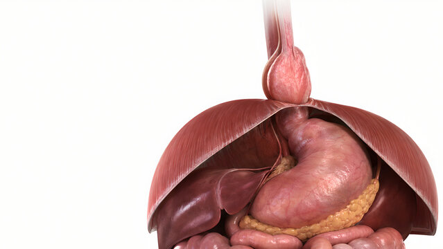 Hiatal Hernia Anatomy 3D Medical Illustration of Stomach Fundus Above Diaphragm for Digestive Health Education