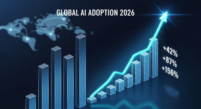Global AI adoption growth chart with rising graph and world map