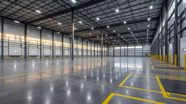 Interior of a large modern empty industrial warehouse with loading docks