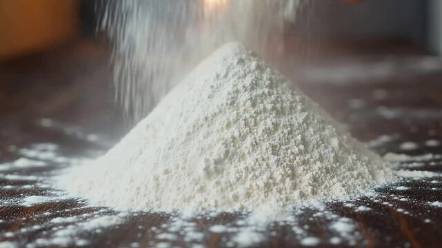 Hands sifting fine white flour onto a wooden surface in slow motion