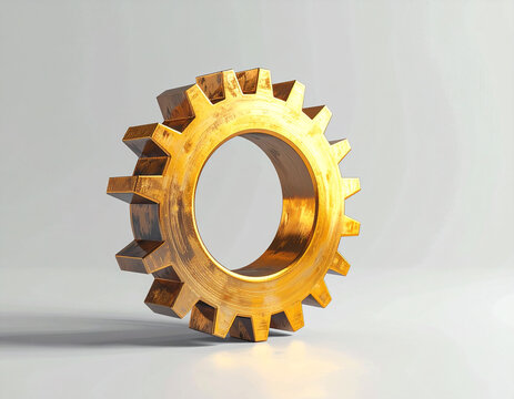 Single golden metal gear on a plain grey background.