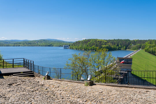 View of the artificial Lake Dobczyce (Jezioro Dobczyckie, Zbiornik Dobczycki) and of the Rabe river dam (Dobczyce Dam), Dobczyce, Malopolska, Poland