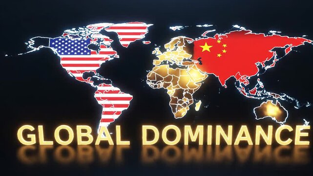 Global Dominance Map Showing USA and China Flags with Glowing World Map and Text