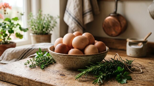 Fresh brown eggs in a rustic ceramic bowl on a wooden kitchen counter