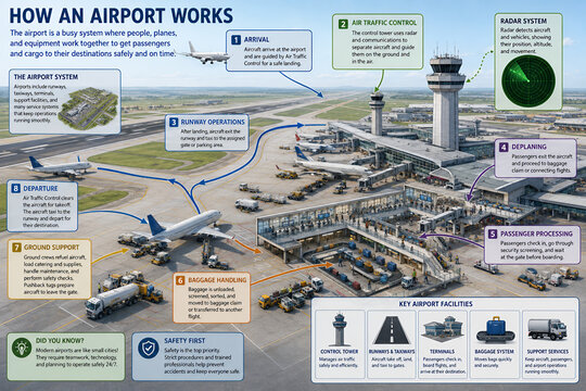 3D Airport Operations Infographic Showing Passenger Journey and Aviation Workflow