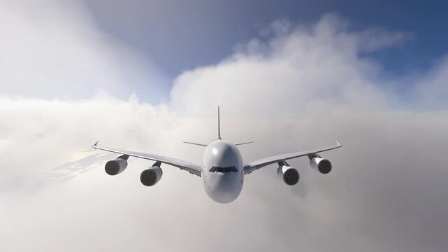 Commercial Airplane Flying Above Clouds in Blue Sky, moving down camera.
