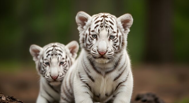 Two white tiger cubs in focus against a blurred natural background