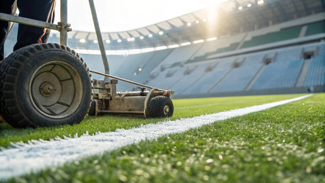 Groundskeeper uses a professional machine to paint white lines on the green grass of stadium