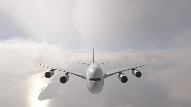Commercial Airplane Soaring Through Clouds on a Sunny Day.