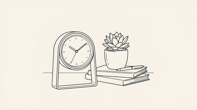 Minimalist desk clock with a small potted succulent plant resting on a stack of books, simple line art illustration
