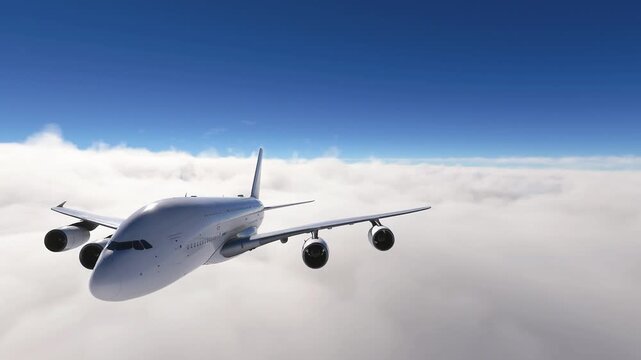 Commercial Airplane Flying Above Clouds with Blue Sky, Aerial View.