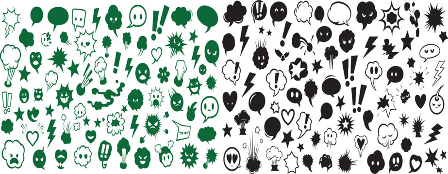 A collection of various comic book style speech bubbles, emoticons, and reaction symbols in black on isolated white background for graphic design use