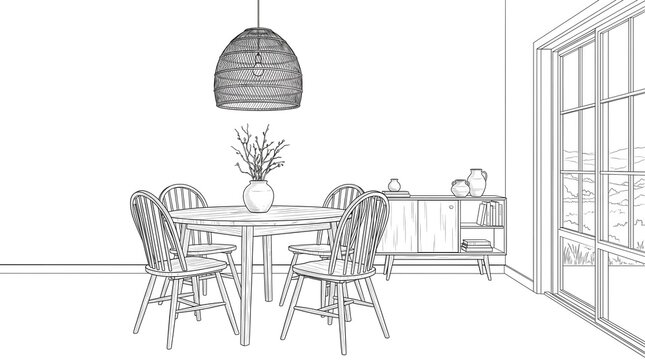 Cozy dining room scene with a round table and chairs, illuminated by a pendant light, with a buffet and window view