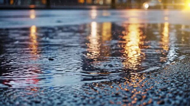 Rain drops create ripples on a city street reflecting building lights, urban soundscape