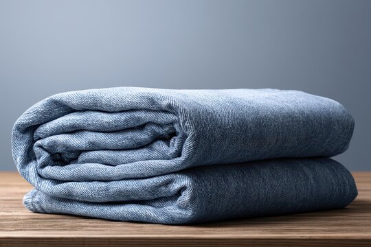 Neatly folded stack of soft blue denim fabric on a rustic wooden table, clean and organized.