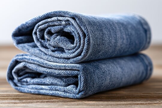 A neat stack of folded blue denim jeans resting on a rustic wooden table surface.